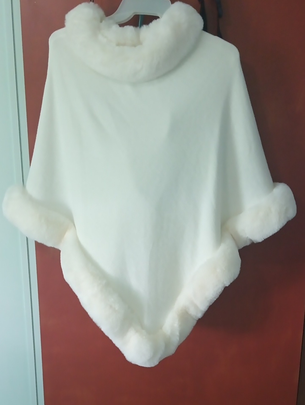 Women's Cream Faux-Fur Trim Poncho Sweater